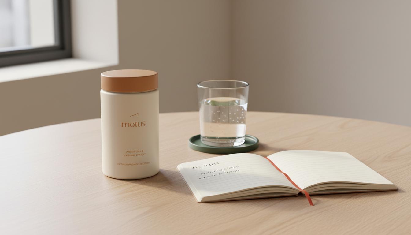 Minimalist still life of Tonum supplement container beside an open notebook and glass of water on a light wooden table, evoking morning clarity and taurine for brain fog