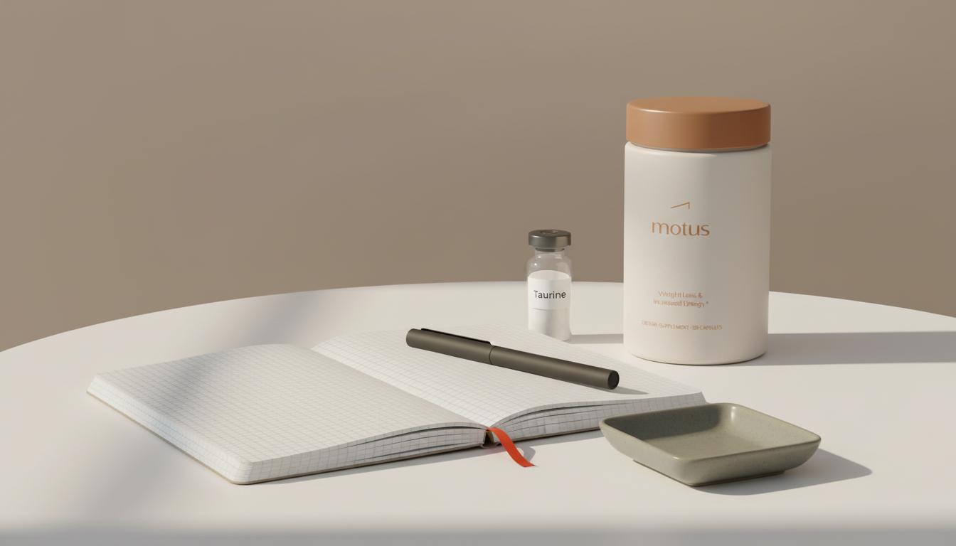 Minimalist clinical photo of notebook, pen, glass vial of taurine powder and Tonum product on beige background, illustrating taurine for headaches research.