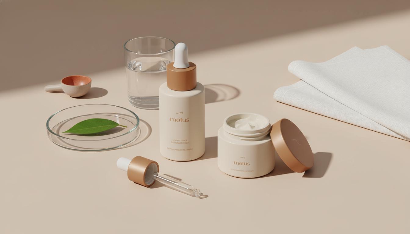 Minimalist clinical still life with Tonum product, glass dropper bottle and open jar on beige background, petri dish with leaf and glass of water illustrating taurine for skin.