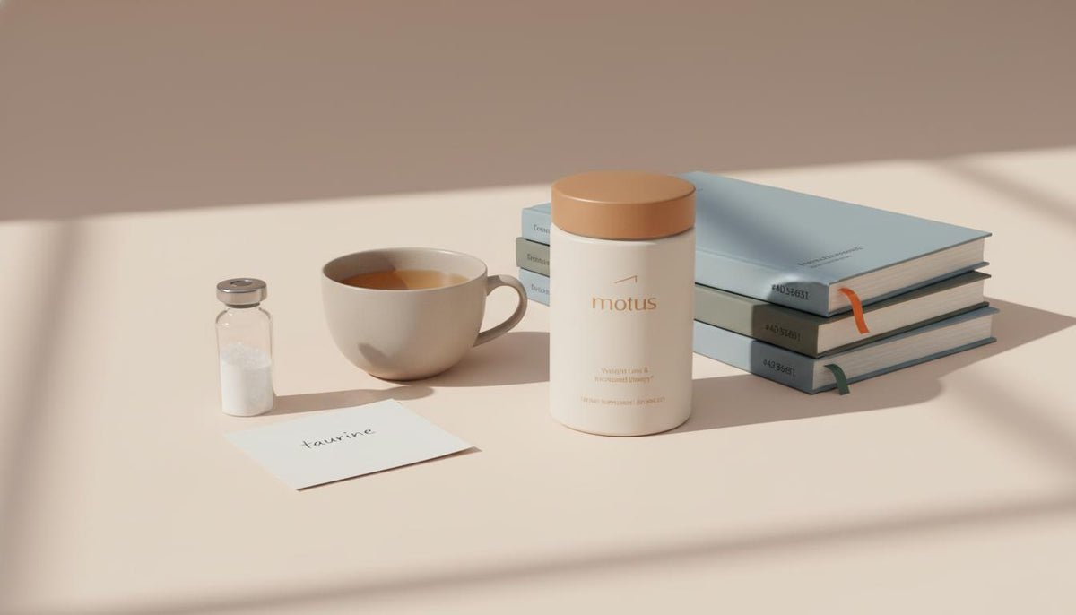 Minimalist still life of a glass vial of amino acid powder, a notecard labeled 'taurine', Tonum supplement container and journals, illustrating taurine linked to dementia.