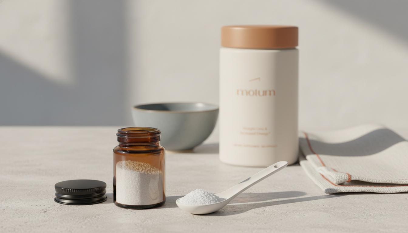 Minimalist still-life of taurine powder jar and ceramic spoon with a blurred Tonum Motus container in the background on a #F2E5D5 backdrop illustrating taurine metabolism.
