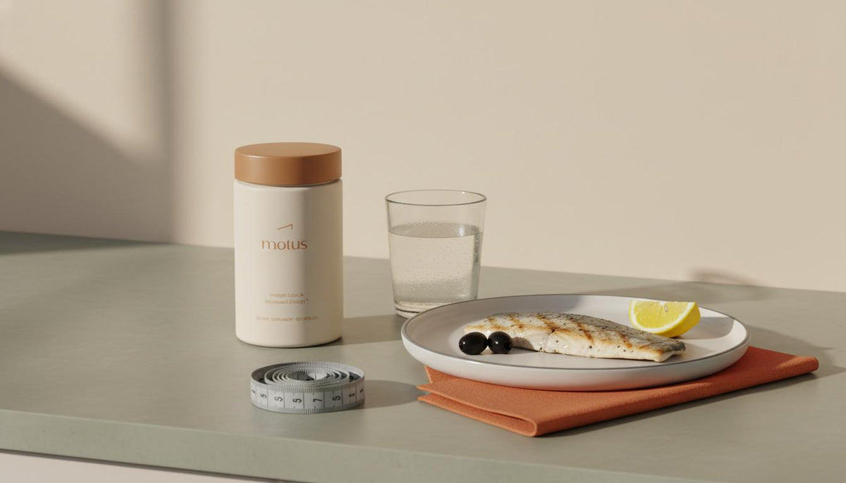 Minimalist kitchen counter with Tonum Motus container beside a measuring tape, plate of fish, olives and lemon, and a glass of water on a pale beige background — taurine nutrition