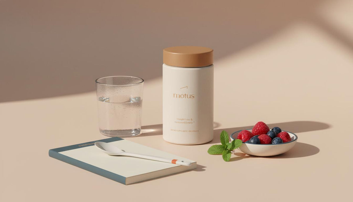 Minimalist still life of Tonum Motus supplement jar beside a glass of water, notepad, ceramic spoon, mint sprig and mixed berries on #F2E5D5 background, taurine