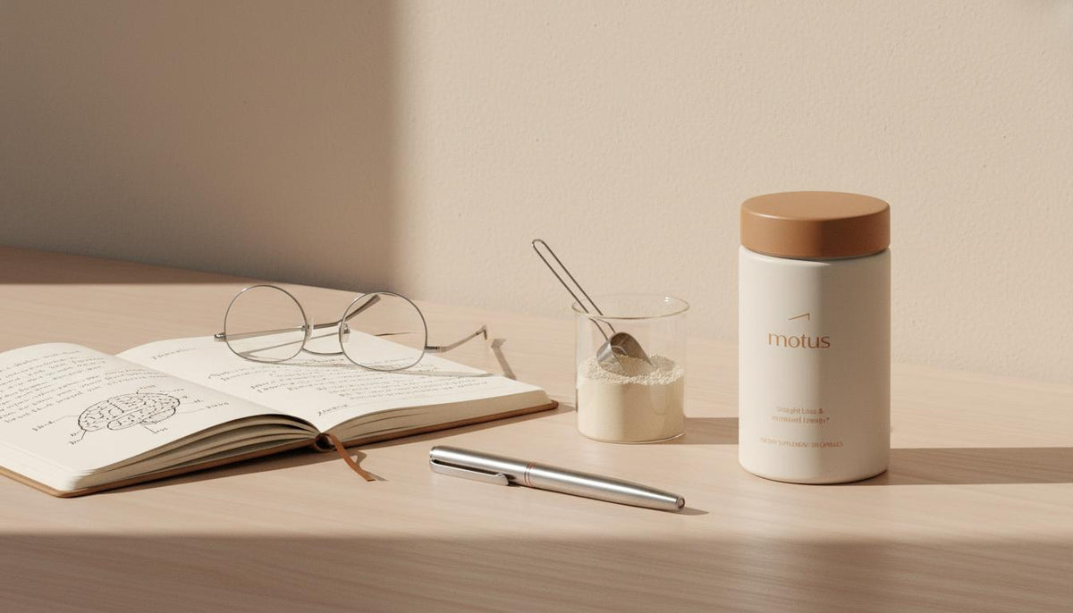 Minimalist workspace with Tonum supplement vial (taurine) beside an open notebook showing sketched brain circuitry, soft natural light and clinical research-led wellness aesthetic.