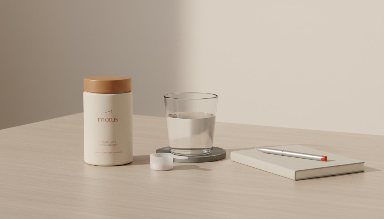 Minimalist still-life of Tonum supplement container with glass of water, scoop and closed notebook on a wooden table, evoking taurine timing and a calm morning routine.