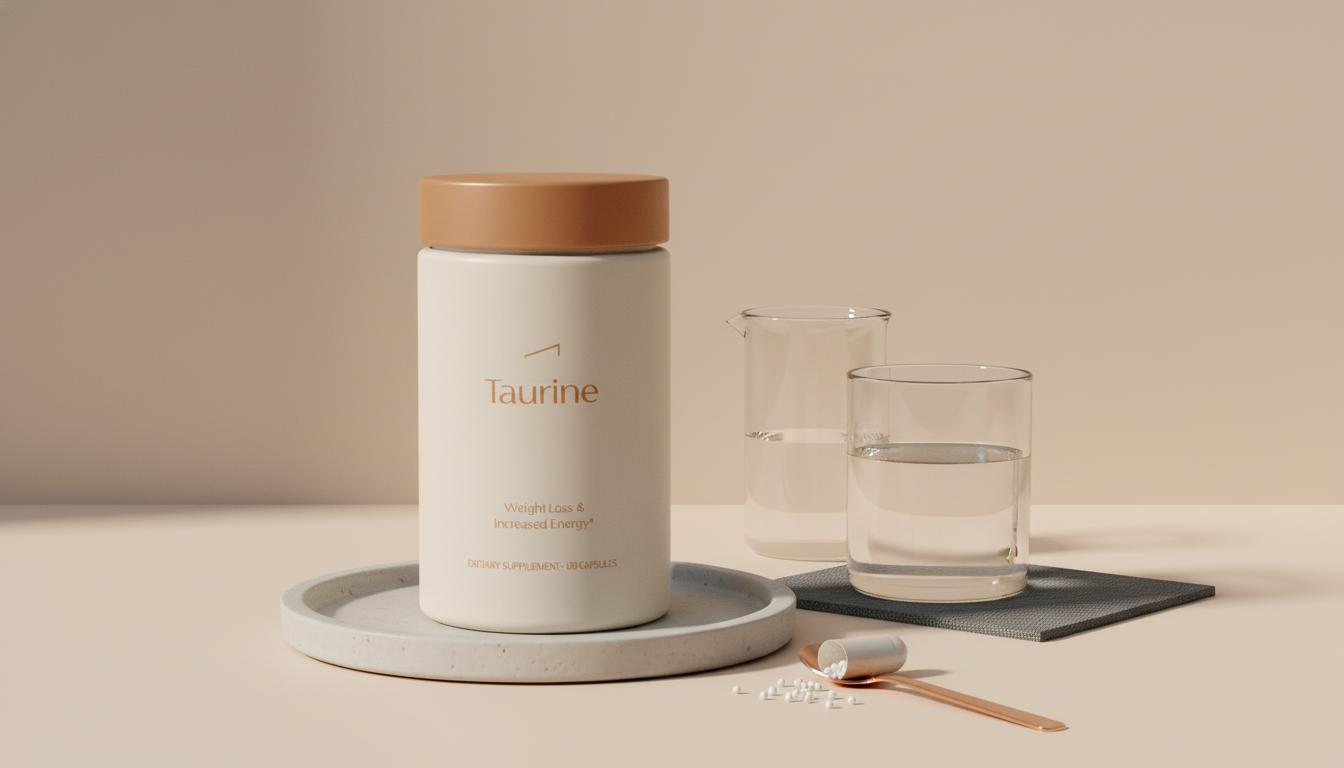 Minimalist Tonum product photo of a Tonum container labeled taurine on a #F2E5D5 background with a glass of water and open capsule, scientific lifestyle aesthetic