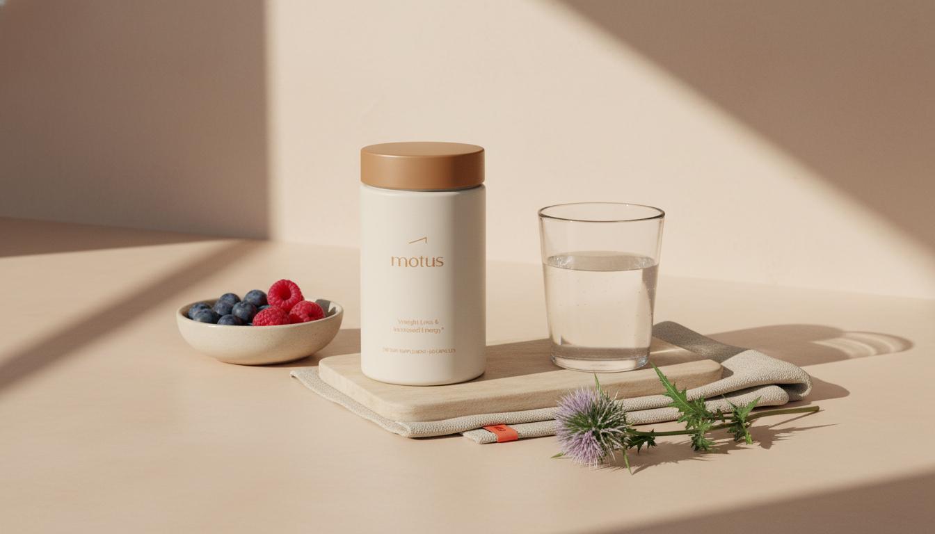 Minimalist kitchen counter with Tonum Motus supplement jar beside a glass of water and bowl of berries on beige background, suggesting support for testosterone and belly fat.