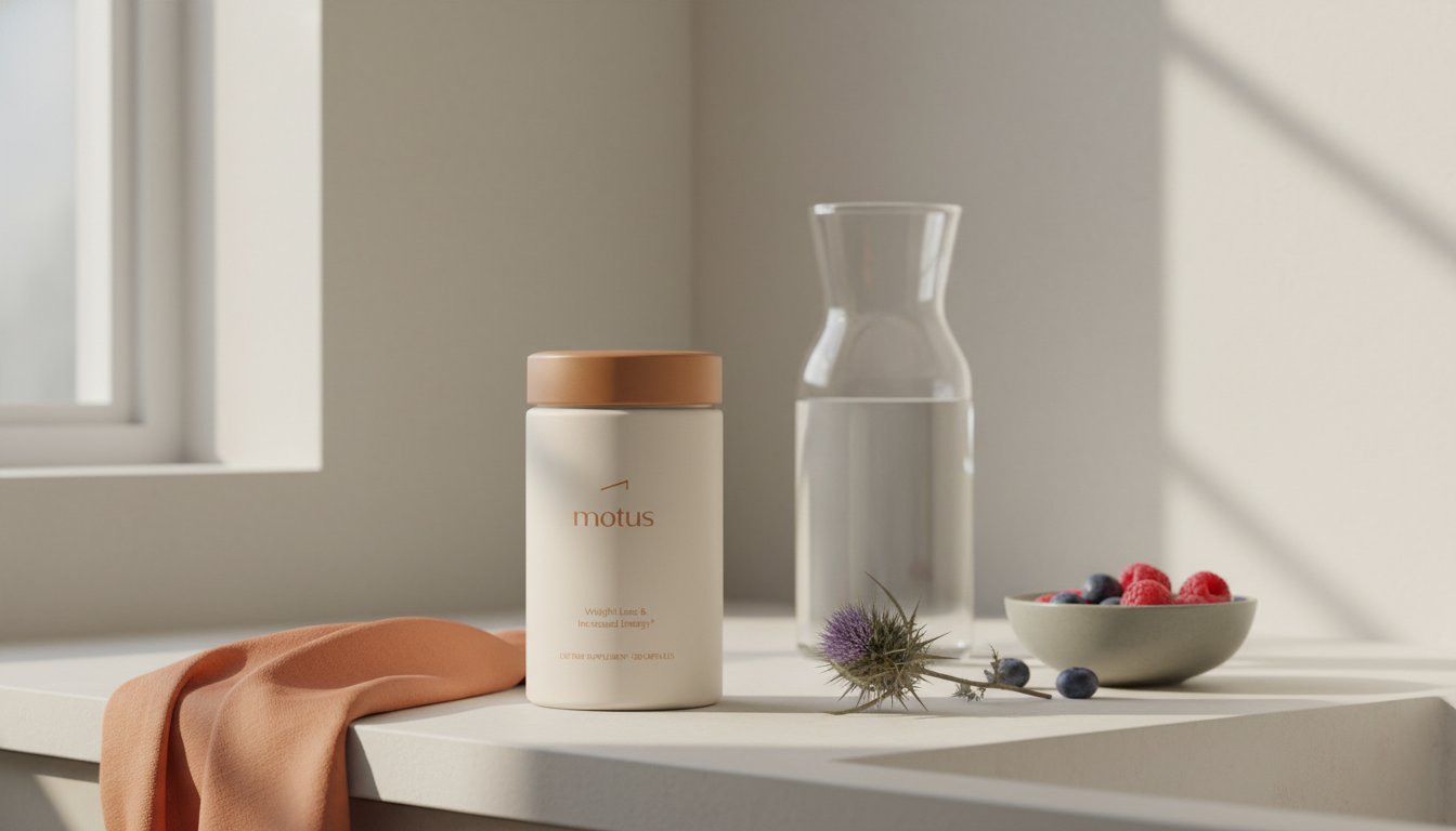 Minimal kitchen counter with Tonum Motus supplement jar, carafe of water, bowl of berries and milk thistle in soft morning light - thermogenic fat burner.