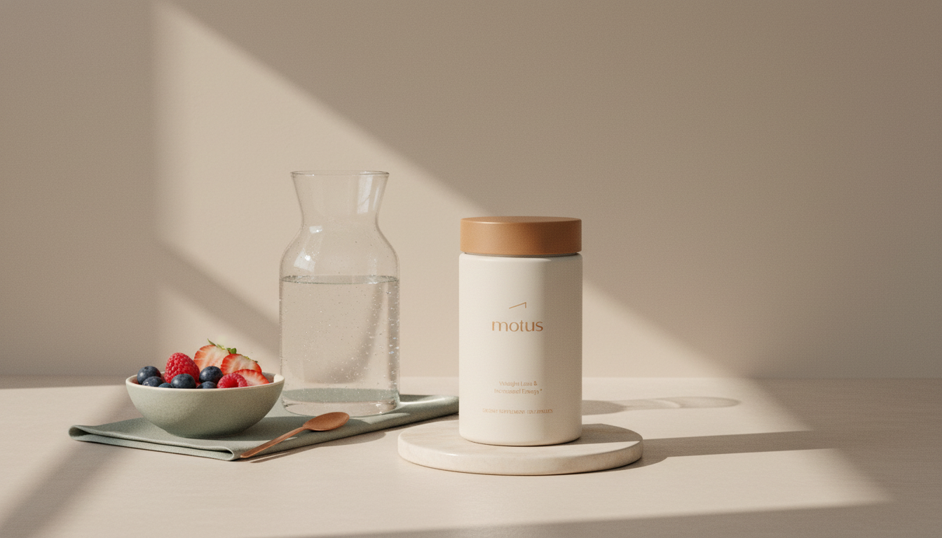 Minimalist morning kitchen scene with Tonum Motus supplement jar beside carafe and berries, conveying balance and routine — thermogenic fat burners