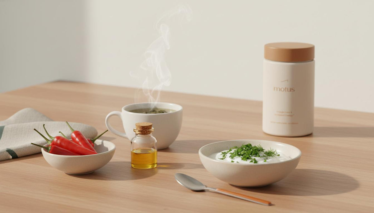 Minimalist still-life of thermogenic foods—chili peppers, green tea, MCT oil vial and Greek yogurt—with Tonum Motus container blurred on #F2E5D5 background