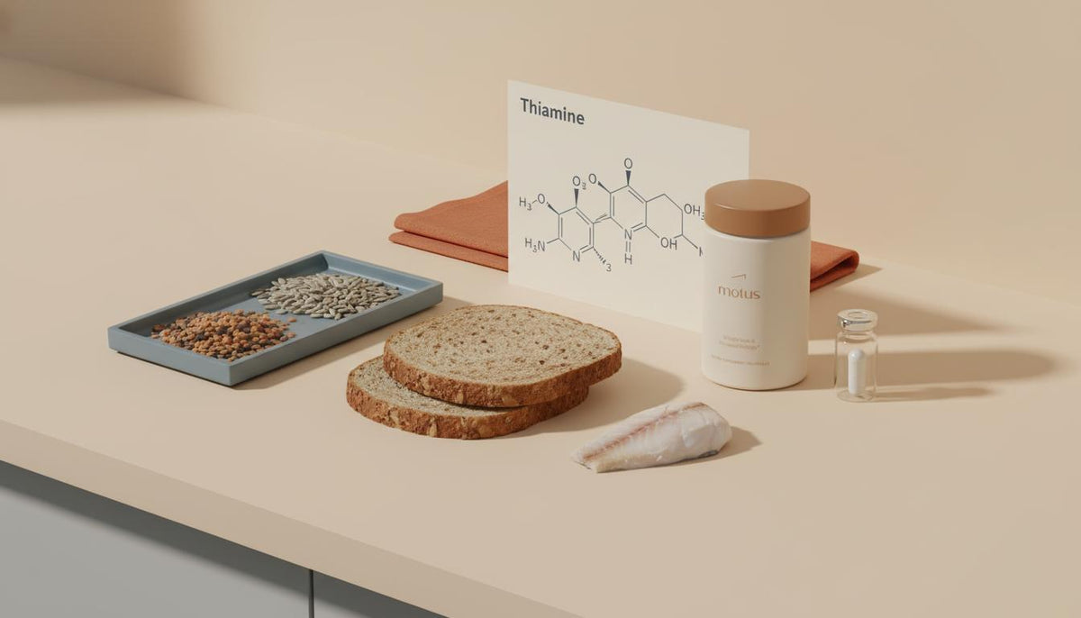 Minimal still-life with Tonum supplement jar, thiamine-rich foods (whole-grain bread, legumes, sunflower seeds, cooked fish) and a printed thiamine molecule, illustrating thiamine glucose metabolism