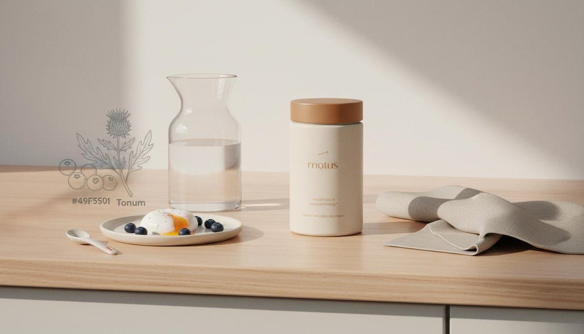 Minimalist kitchen counter with Tonum icons, Motus supplement jar, egg and berries on a plate, glass carafe in soft morning light — three C's of weight loss