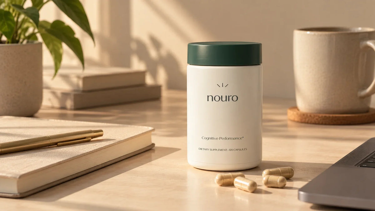 Tonum NOURO cognitive support supplement bottle with capsules on a minimalist workspace.