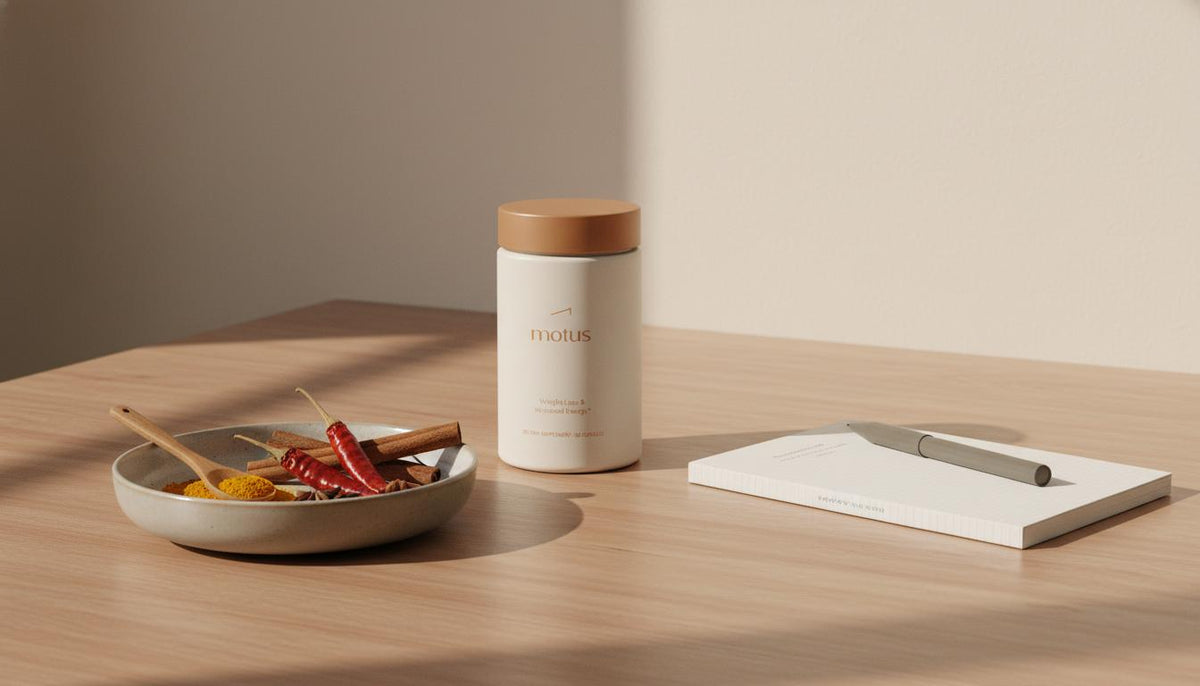 Minimalist kitchen scene with the Tonum Motus supplement jar beside a bowl of turmeric and spices, suggesting turmeric for weight loss and mindful supplement use.