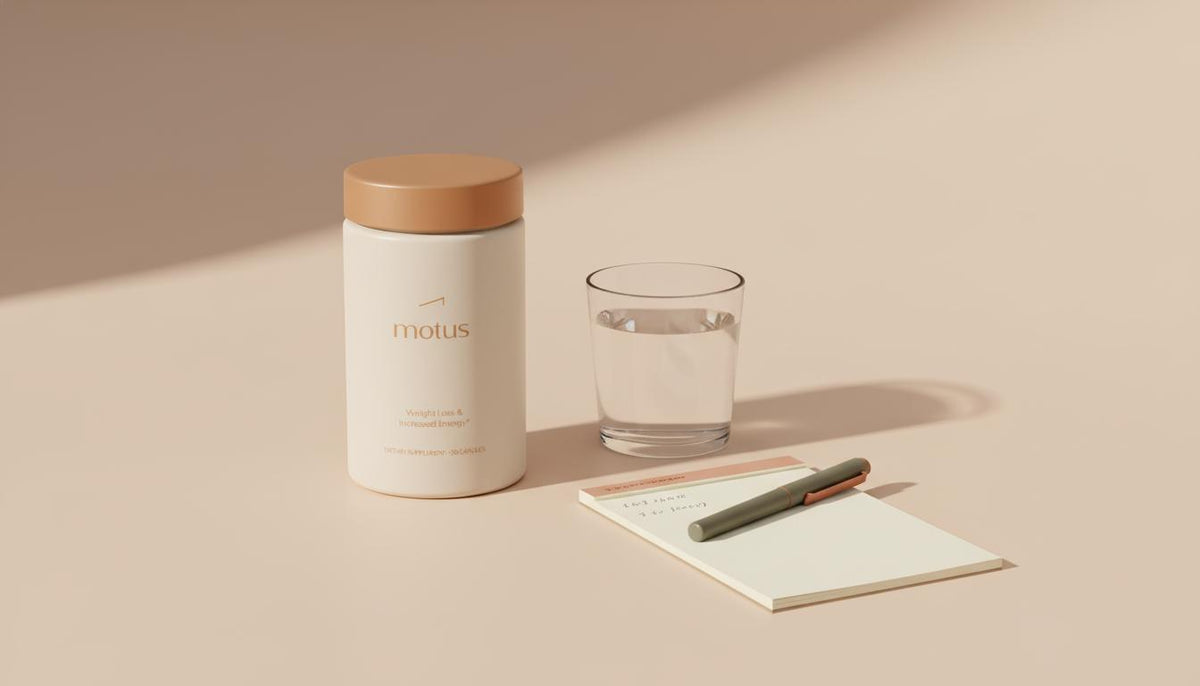 Minimalist still life of a Tonum Motus supplement container beside a glass of water and a weight-tracking notepad on a warm beige background, conveying proactive care for unexplained weight loss.