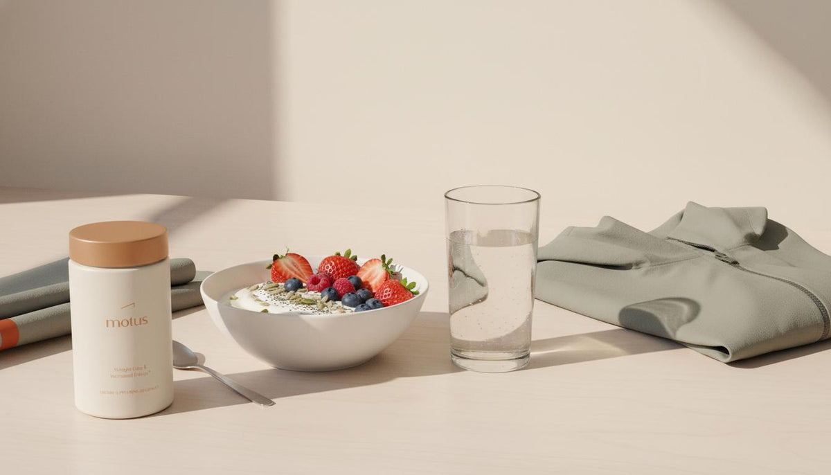 Minimalist breakfast with Greek yogurt, berries, water, walking jacket and Motus supplement bottle to support an unstable blood sugar morning routine.