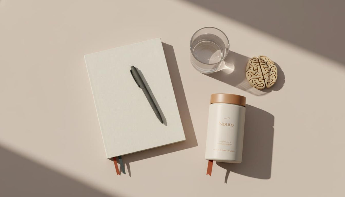 Overhead minimalist still-life with Tonum supplement jar labeled 'Nouro' beside a closed notebook, glass of water and wooden brain model on beige #F2E5D5 — use 100% of your brain power