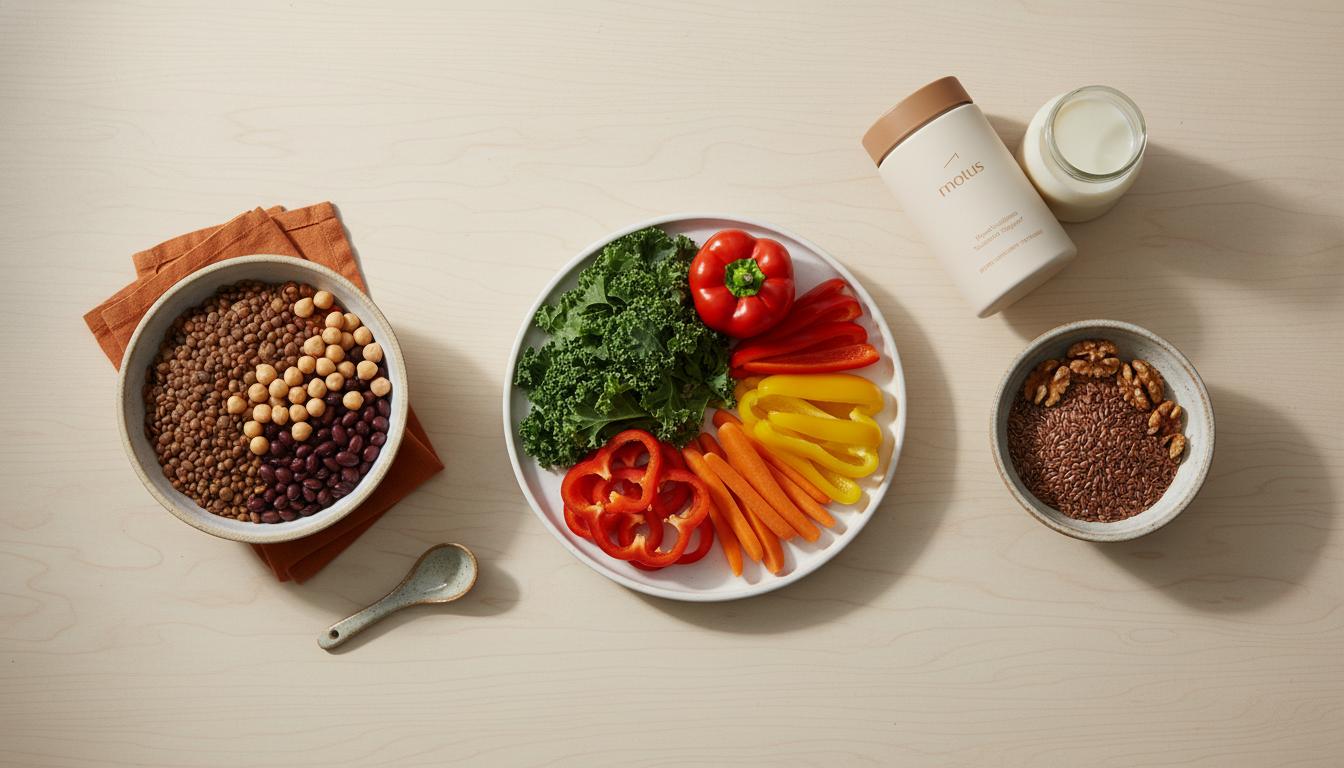 Minimalist still life of whole plant foods and Tonum supplement on a neutral wooden table illustrating vegan nutrition rules in a calm, clinical lifestyle style.