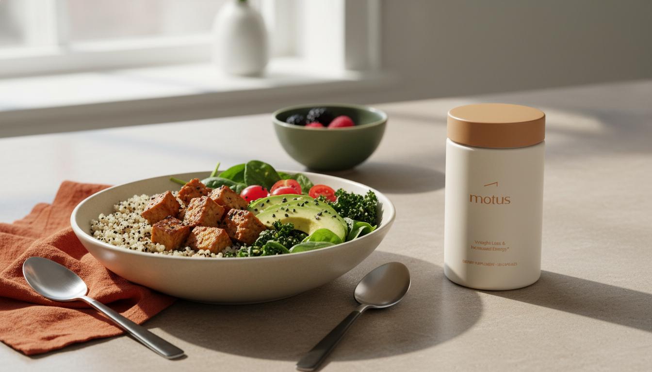 Motus supplement container next to a tempeh and quinoa bowl on a neutral Tonum-colored counter, soft natural light conveying a calm, research-backed vegan weight loss plan.