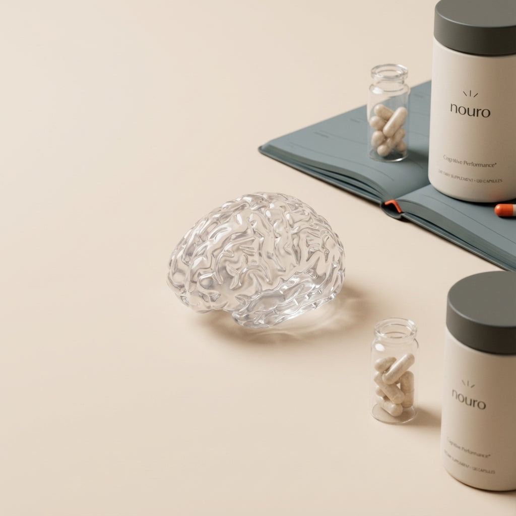 Minimalist macro photo of a translucent brain model with Tonum supplement container and clinical props on soft beige background showing very early signs of neurodegenerative disease