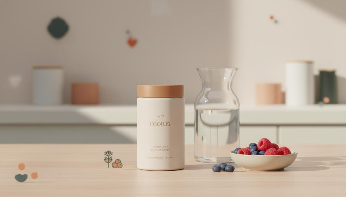 Minimalist kitchen scene with Motus supplement jar beside berries and water, illustrating visceral fat causes and healthy lifestyle.