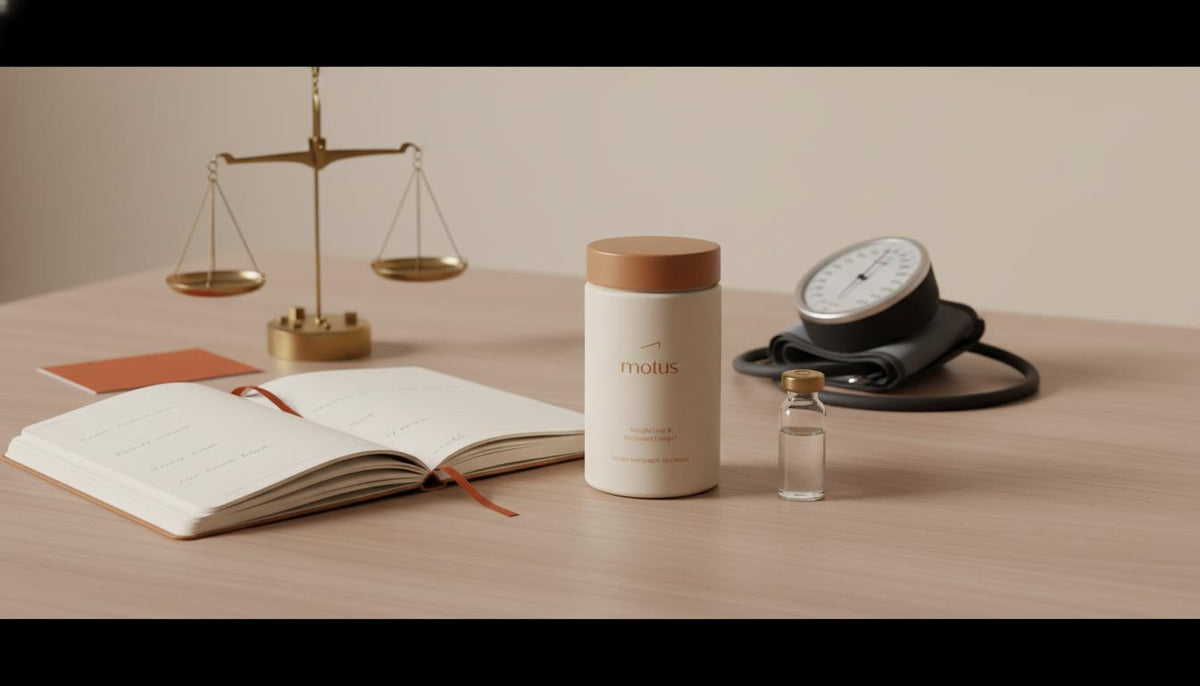 Minimalist clinical still life with Tonum supplement container, lab vial, brass balance scale, symptom diary and blood pressure cuff illustrating vitamin b12 deficiency dizziness.