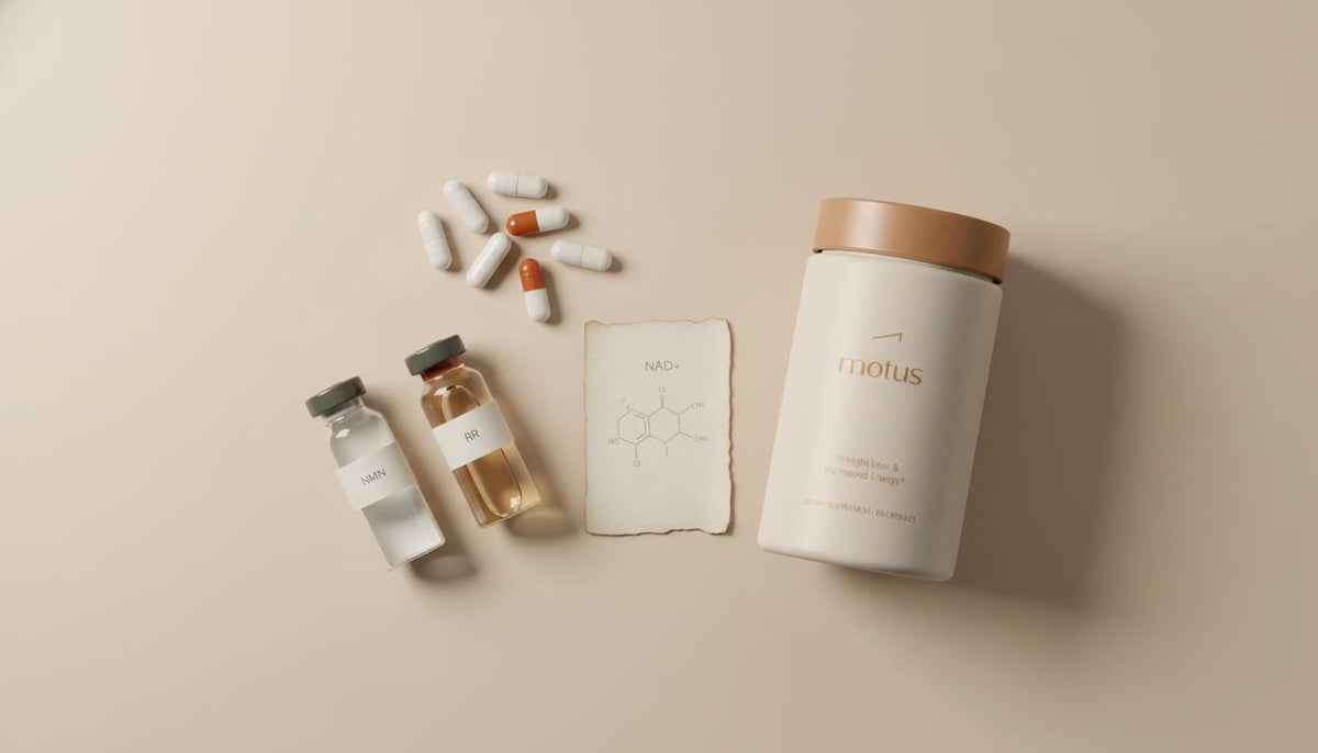 Minimalist flat-lay of Tonum supplement jar, two labeled glass vials, a cluster of capsules and a faint NAD+ schematic on parchment on a beige #F2E5D5 background, highlighting vitamin B3.