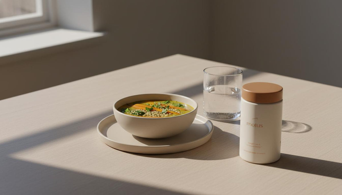 Minimalist wooden table with a beige plate and colorful soup bowl, a glass of water and a Tonum supplement container at the edge, illustrating vitamin D and appetite.