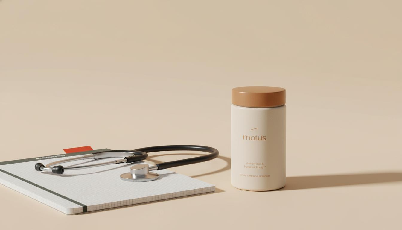 Minimalist still-life of Tonum supplement vial with vitamin D capsules beside a lab notebook and stethoscope on a pale beige background, conveying clinical monitoring and vitamin D and blood sugar.