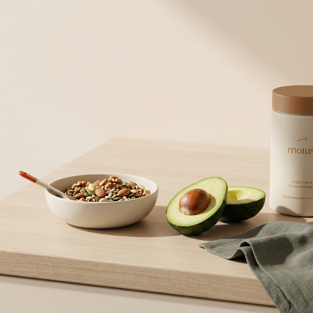 Minimalist still-life of mixed nuts, halved avocado, and Tonum supplement container on a neutral wooden counter, emphasizing vitamin D and blood sugar balance.