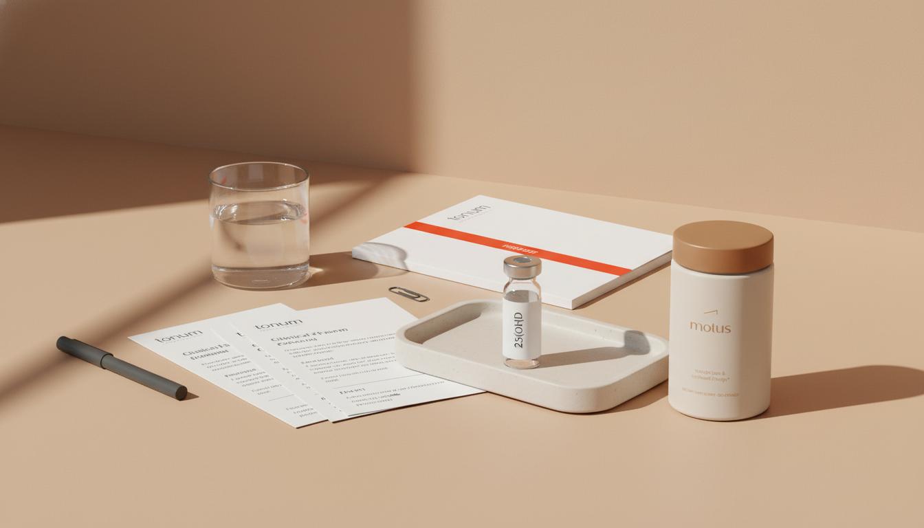 Minimalist still life of a desk with a vial labeled 25(OH)D, Tonum research brochure, glass of water and clinical forms illustrating vitamin D dementia risk research
