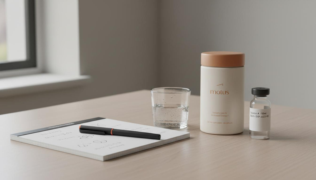 Minimalist still-life of the Tonum supplement jar, open lab notebook, glass of water and small vial on a wooden table by a window, evoking vitamin D linked to dementia research.