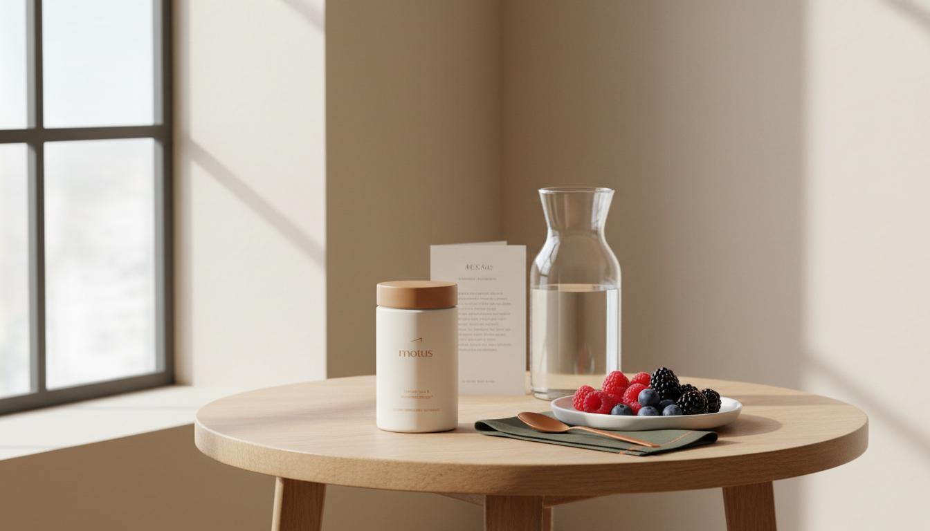 Minimalist morning kitchen scene with a Tonum Motus supplement jar on a wooden table beside berries and a glass carafe, evoking vitamin D wellness and daily routine.