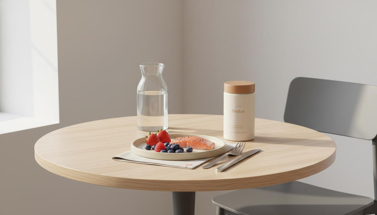 Minimalist bright breakfast scene with Tonum supplement jar beside a carafe, plate with salmon and berries on a wooden table, calm morning light — vitamin D3 belly fat
