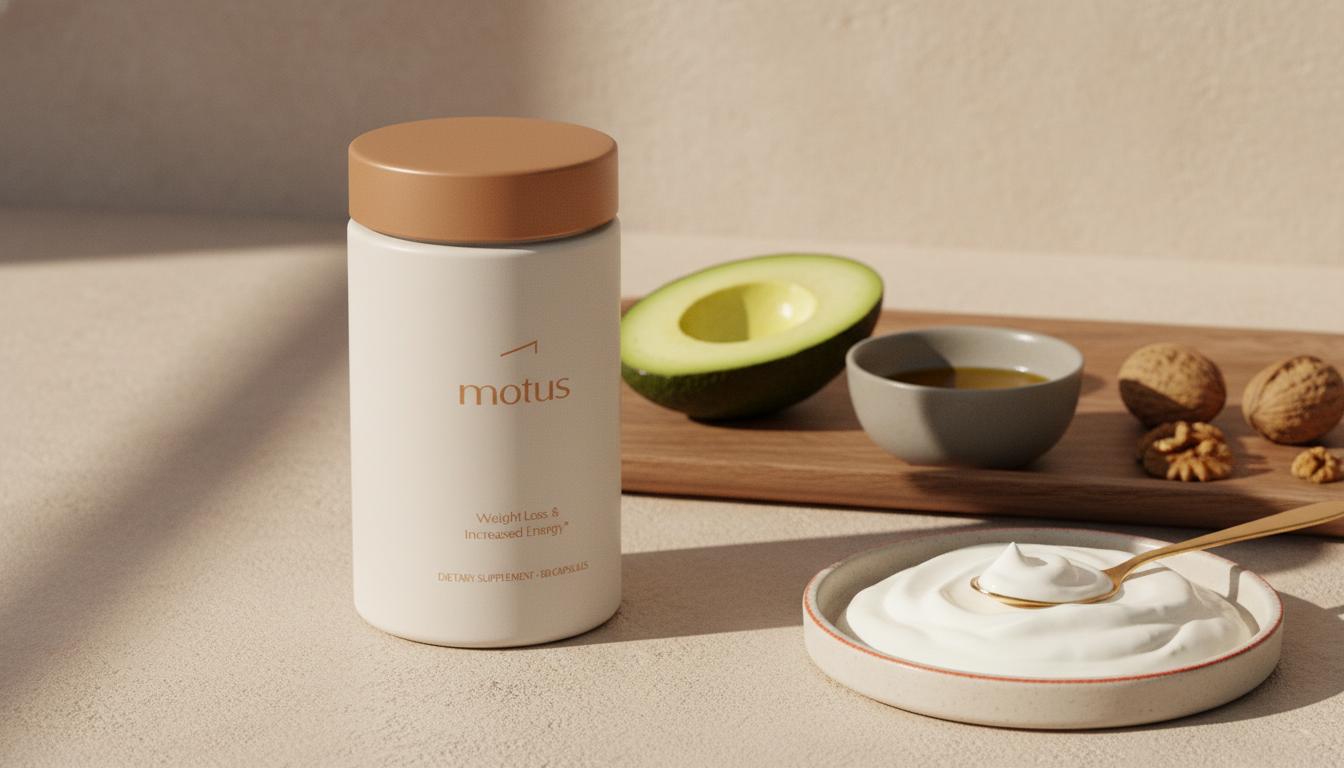 Minimal still life of the Tonum product from reference with avocado, olive oil, walnuts and yogurt on a beige background, highlighting vitamin d3 k2 and healthy fats.