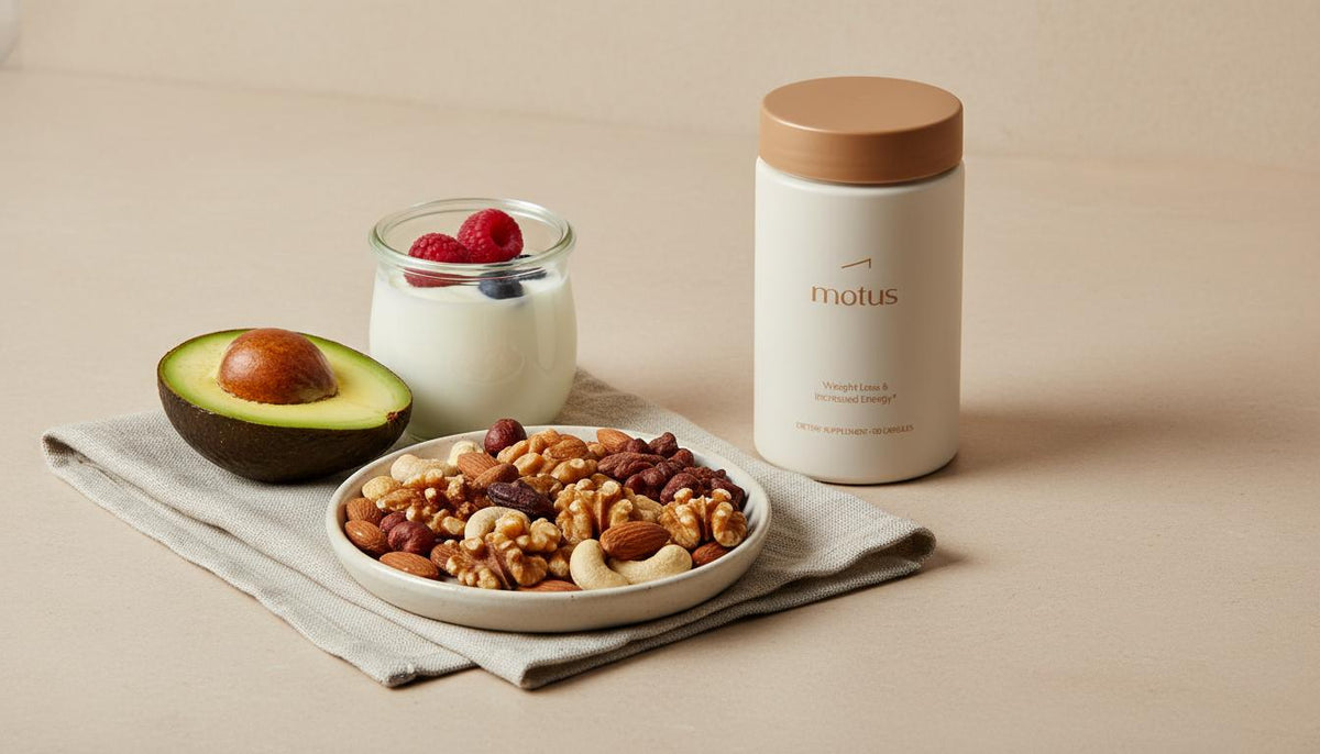 Minimalist still life of mixed nuts, halved avocado, yogurt with berries and a Tonum supplement container on a clean counter, suggesting a vitamin for loss of appetite.