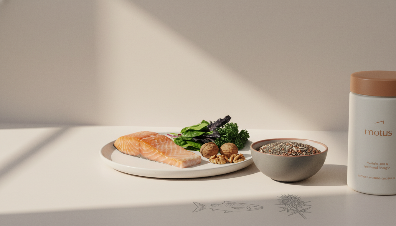 Minimalist kitchen counter with whole-food sources (fish fillet, walnuts, leafy greens, seeds) beside a Tonum supplement jar; vitamin for stress and anxiety