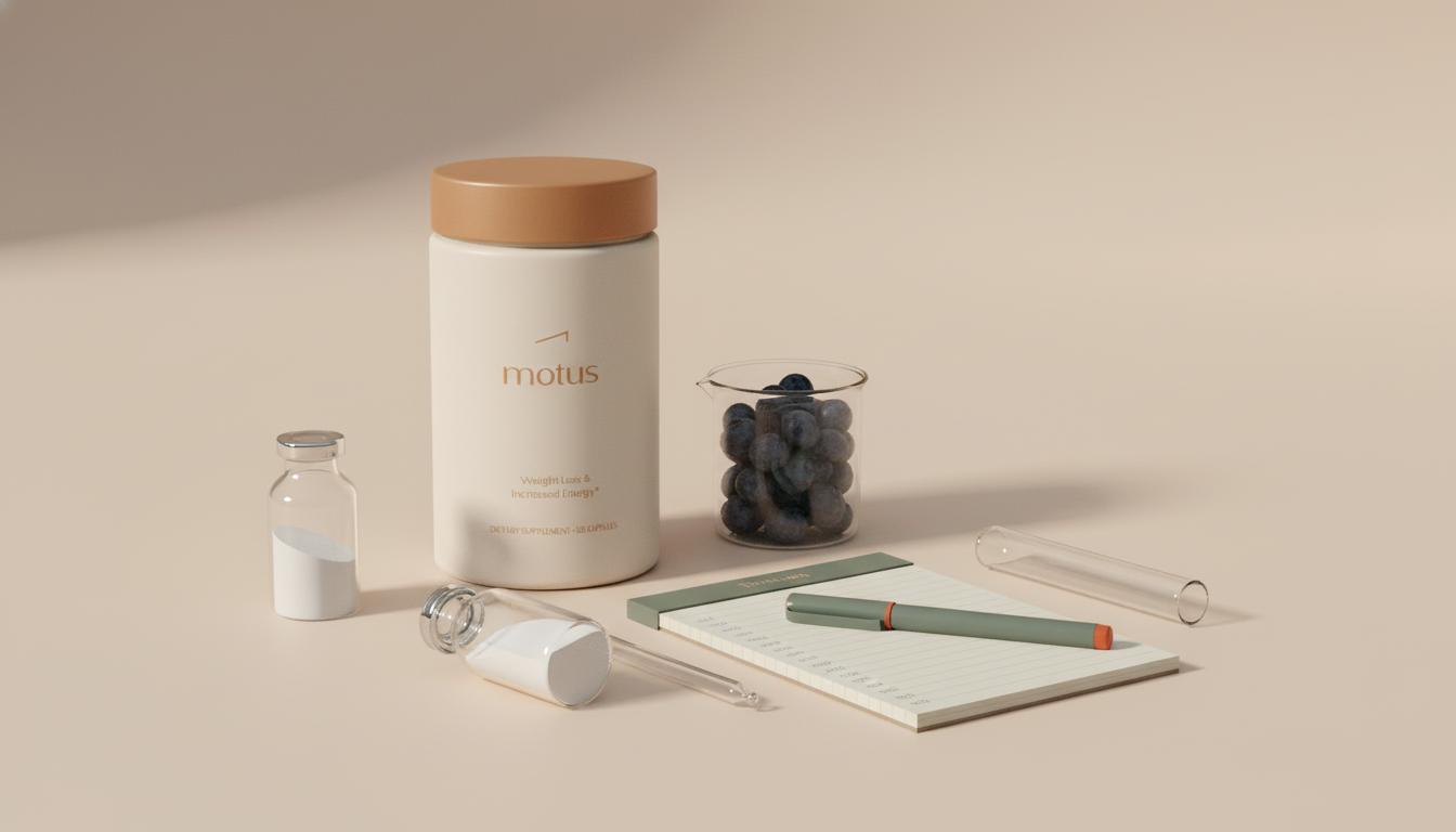 Minimalist still life of a Tonum Motus container beside a beaker of blueberries, a vial of powdered vitamin D, notepad and pipette, depicting a vitamin for tiredness.