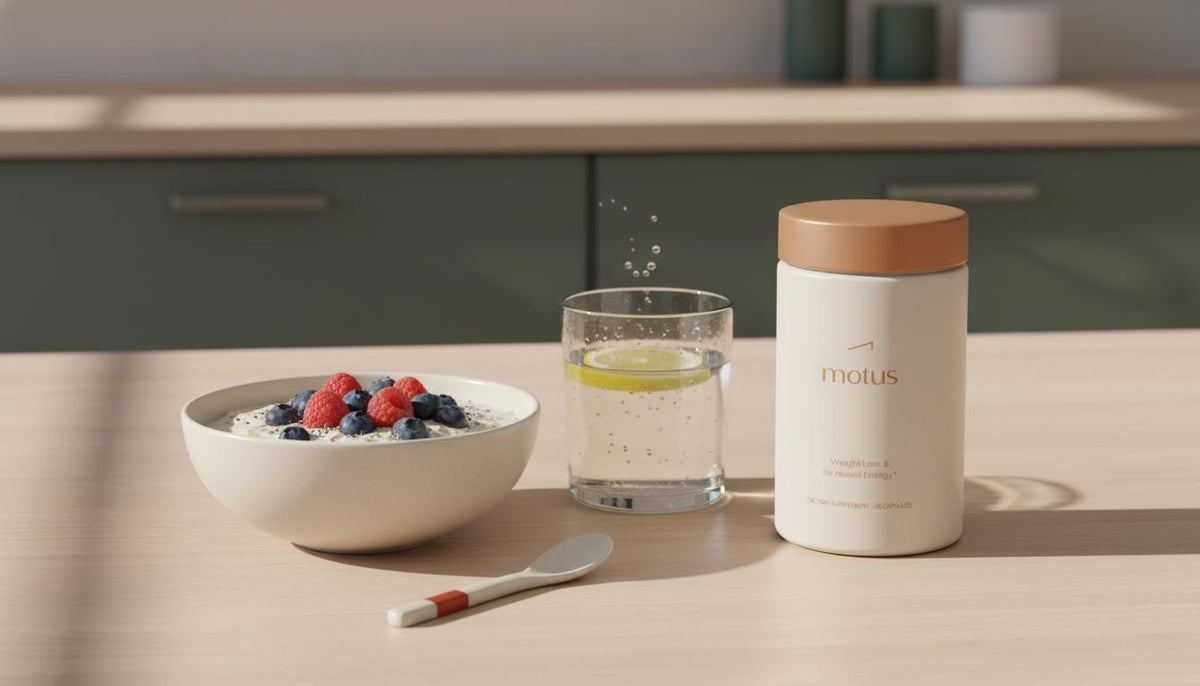 Minimal kitchen scene with a Tonum Motus supplement container beside a bowl of oats and berries and a lemon water glass — a calm morning vitamin-focused breakfast.
