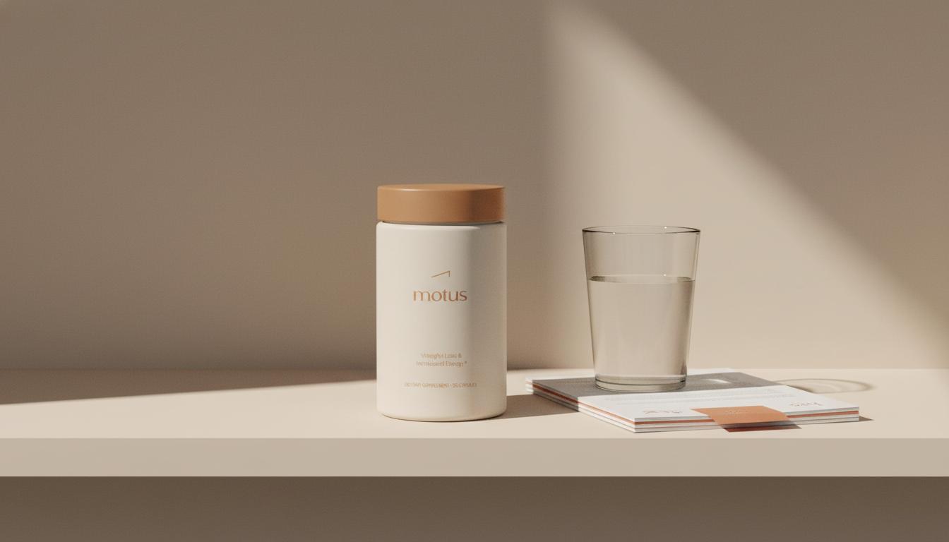 Tonum Motus container on a minimalist shelf with clinical papers and a glass of water on a #F2E5D5 background, scientific calm editorial scene — vitamin shoppe controversy