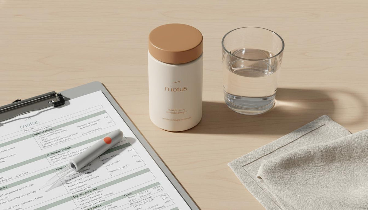 Minimalist flat-lay of Tonum supplement jar with glass of water, lab clipboard showing blood test printouts and linen napkin on pale wood, styled for vitamins for energy.