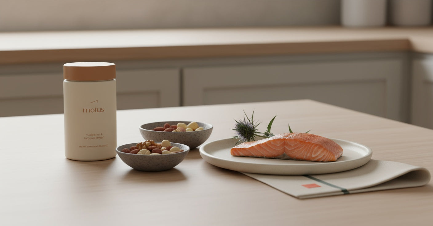 Minimalist kitchen table with Tonum supplement jar, cooked salmon, mixed nuts and milk thistle sprig, styled for vitamins for memory.