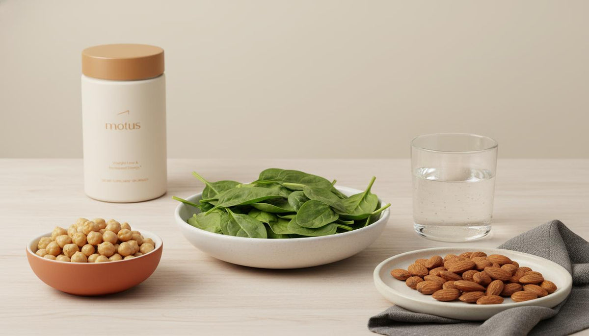 Minimalist still-life of magnesium-rich foods—spinach, almonds, chickpeas and water—with a blurred Tonum Motus container, illustrating vitamins for sugar cravings.