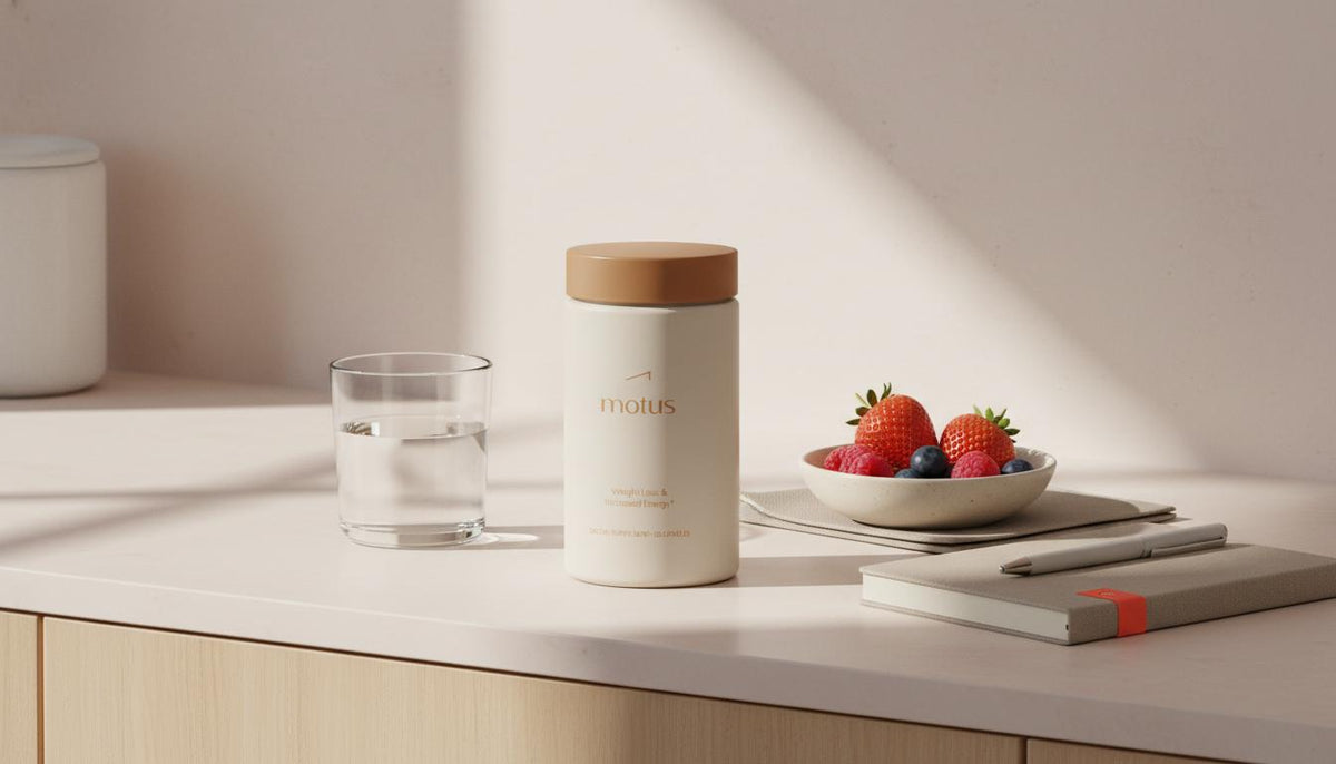 Minimalist kitchen counter with Motus supplement jar beside a glass of water, small bowl of berries and notebook, highlighting vitamins for weight loss and daily wellness.