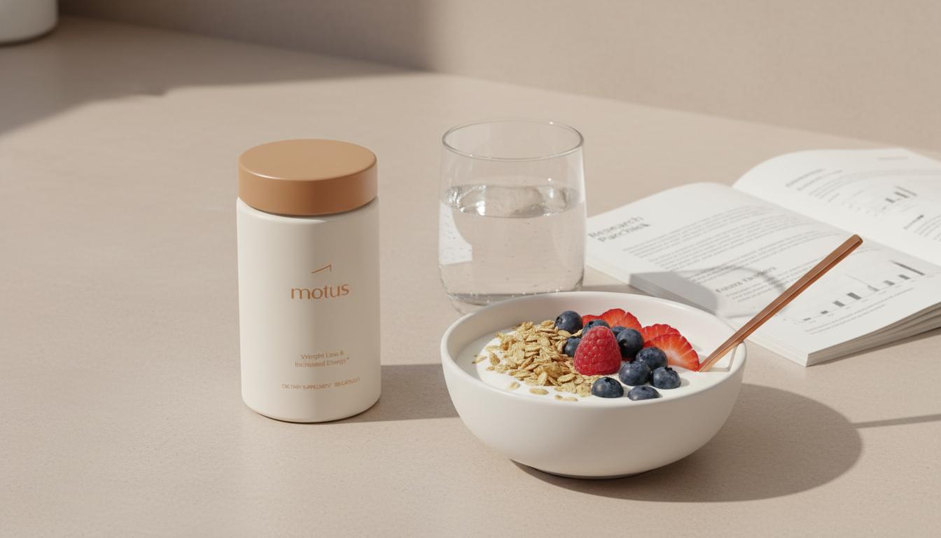 Minimalist kitchen still-life with Tonum Motus container beside Greek yogurt with berries, a pamphlet and a glass of water — vitamins that suppress appetite