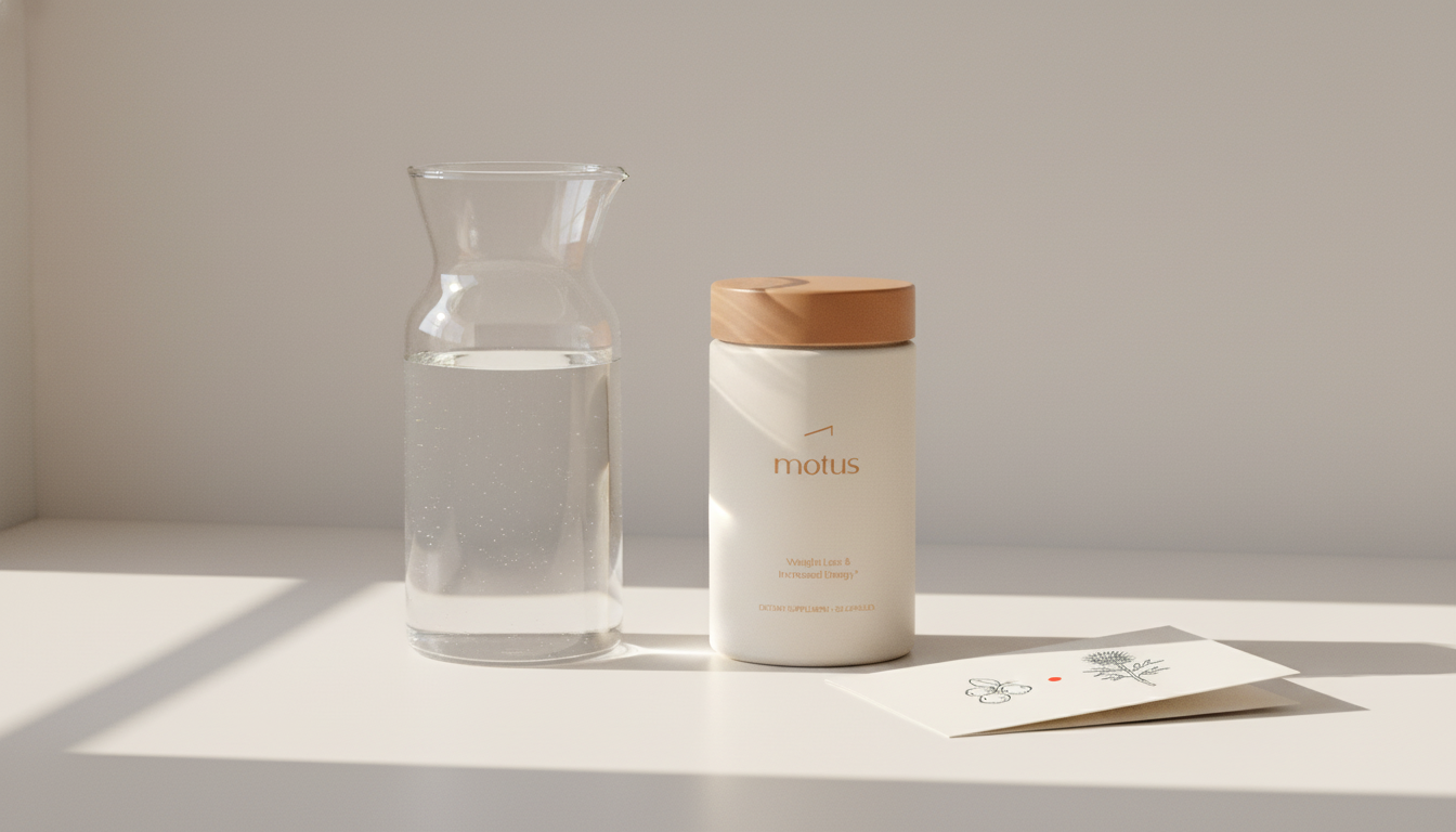 Minimalist countertop with a clear carafe of water and Tonum Motus supplement jar beside a folded brochure showing berry and milk thistle icons — water and weight loss