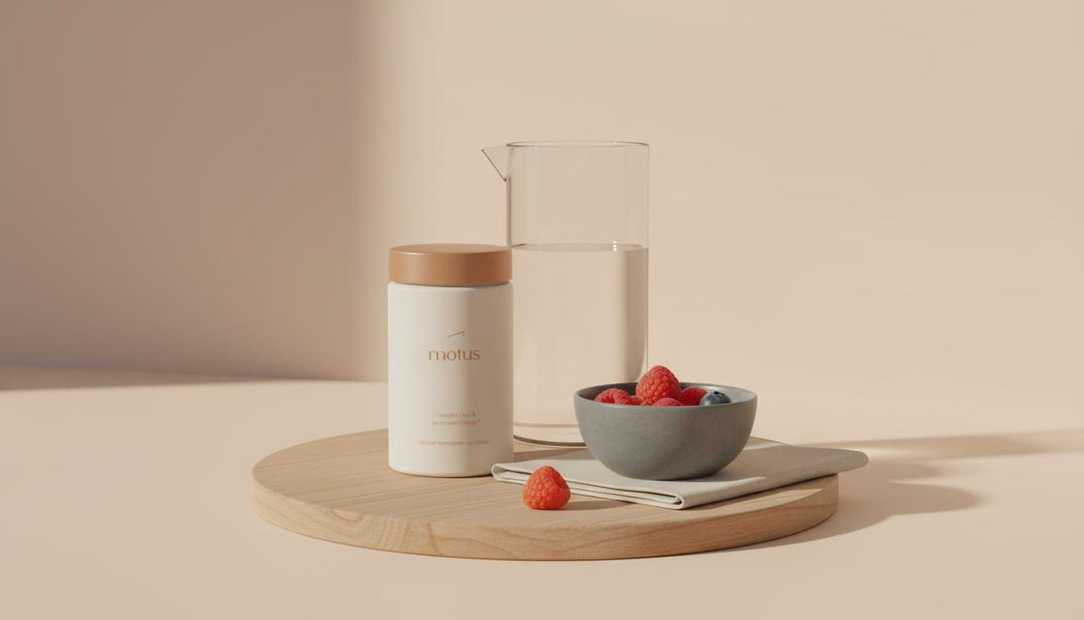 Minimalist kitchen counter with Tonum Motus supplement jar beside a water carafe and bowl of berries on a #F2E5D5 background, suggesting a weight loss drug lifestyle scene.