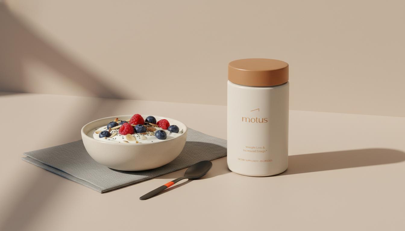 Minimalist kitchen counter with a bowl of yogurt, berries and nuts and a Tonum supplement container from the reference photo, illustrating nutrition and weight loss in liver disease.