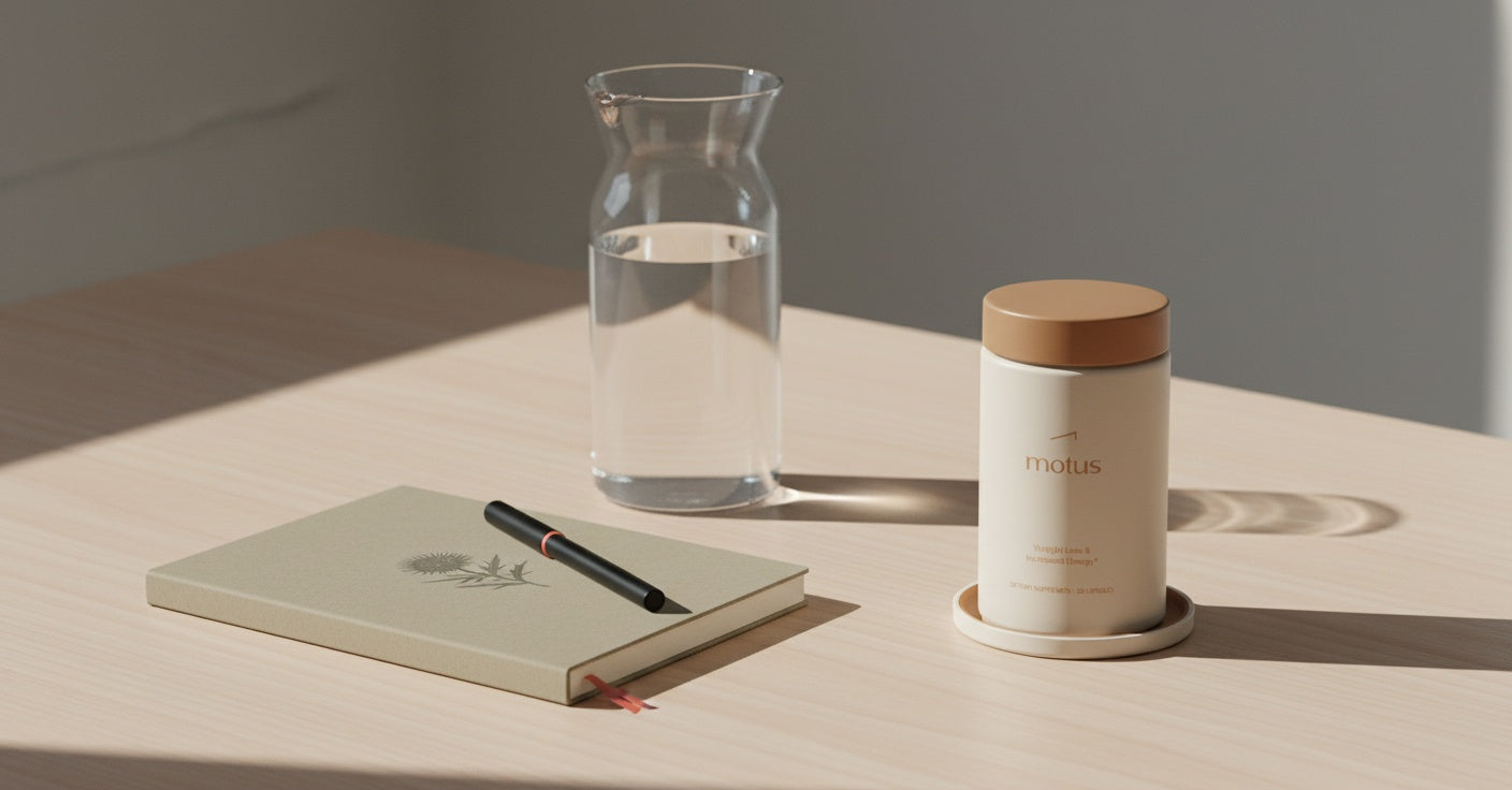 Minimal morning scene with Tonum Motus supplement jar beside a glass carafe, notebook and pen on a light wooden table, conveying clinical lifestyle and weight loss medications.