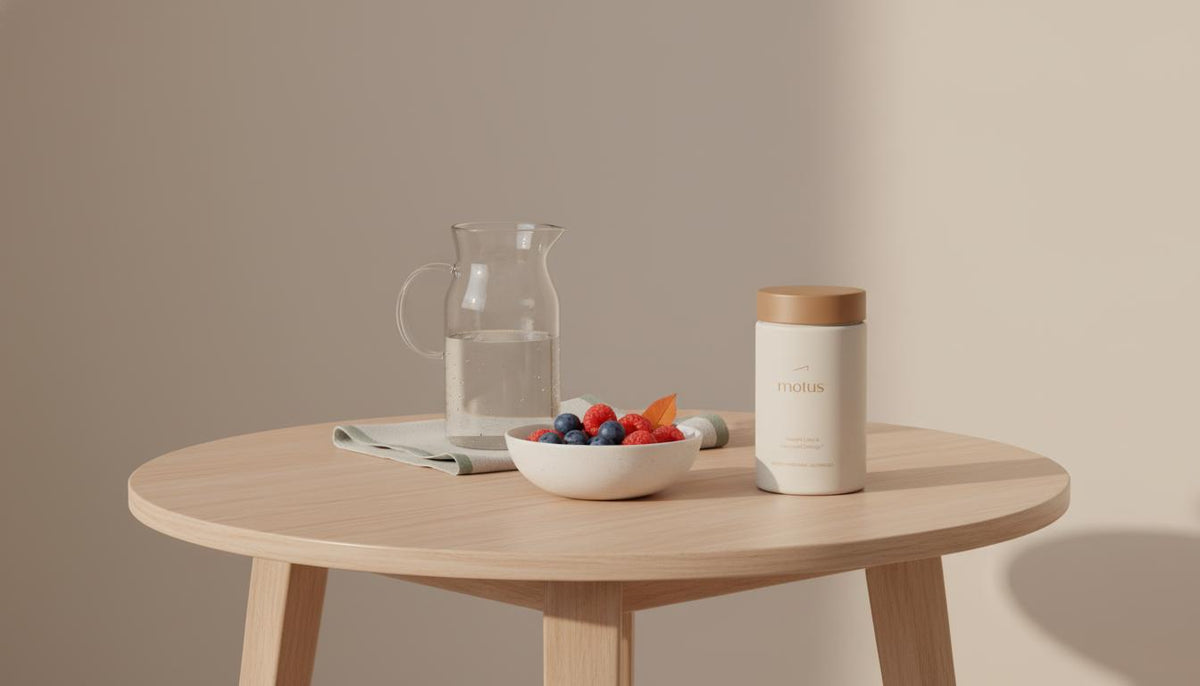 Minimalist breakfast nook with Tonum Motus supplement jar beside a carafe and bowl of berries on a wooden table, conveying a calm, science-backed daily weight-loss pill routine.